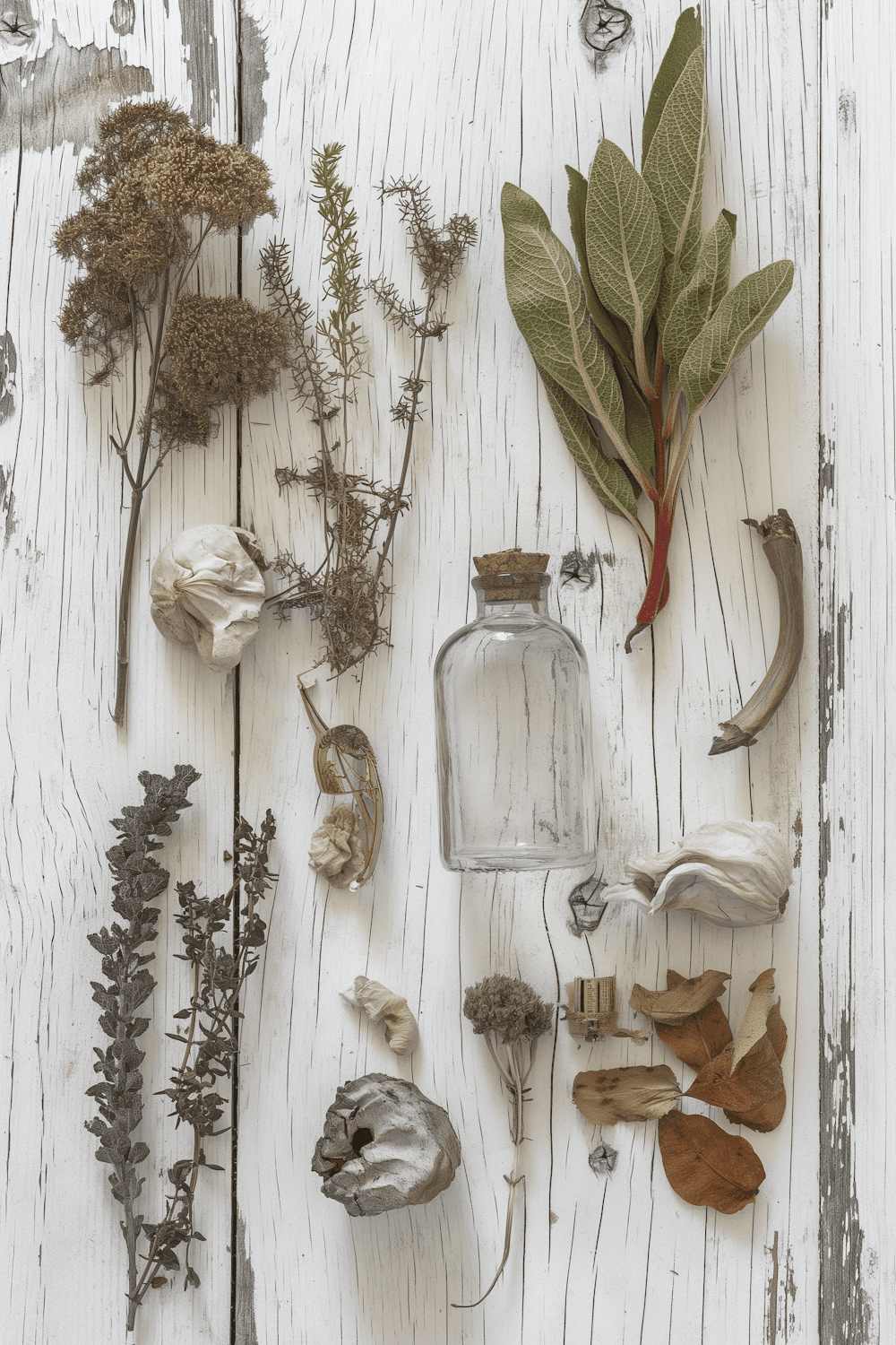 Dried herbs and botanicals laid out on a white wooden table