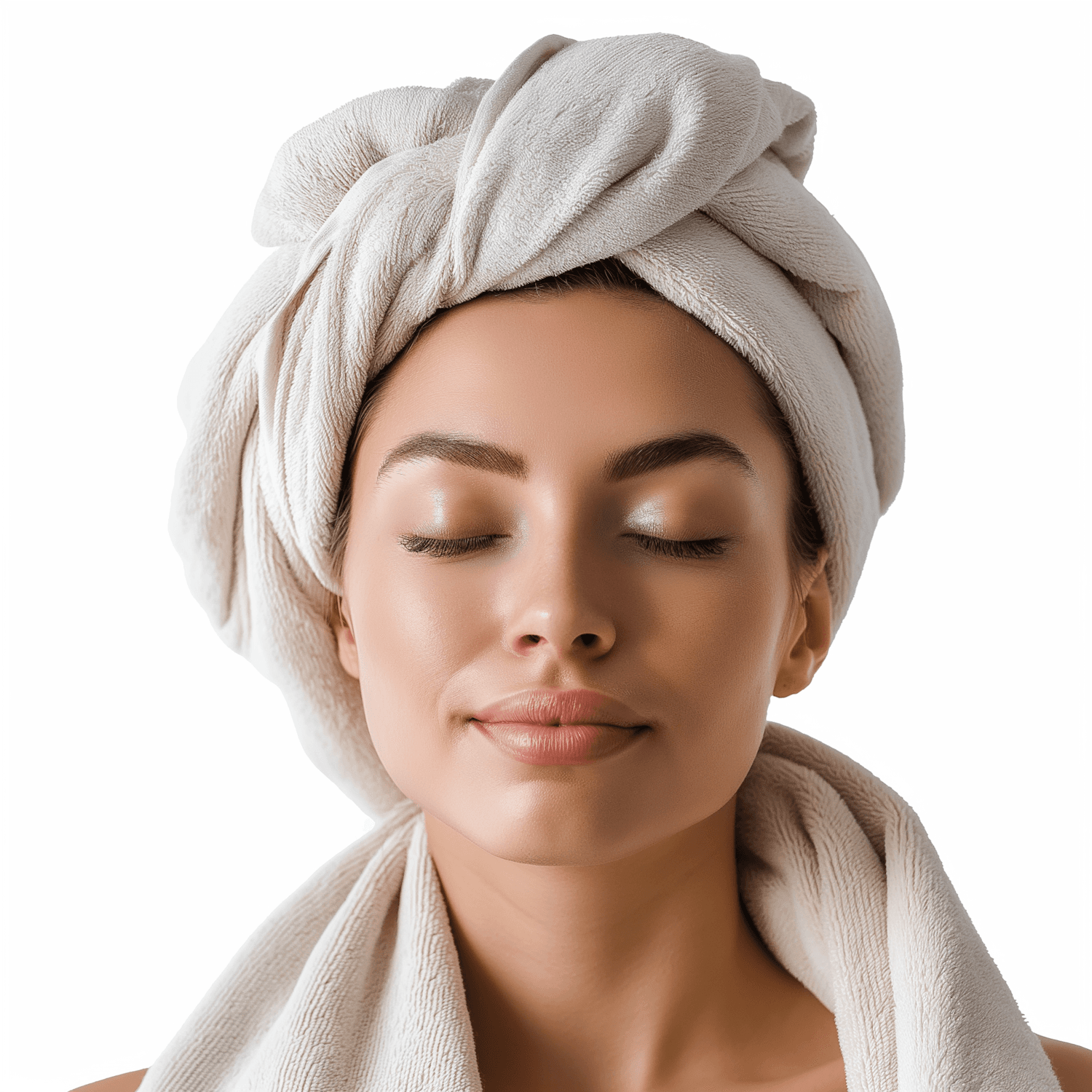 A woman relaxing with her eyes closed, her hair wrapped in a soft white towel