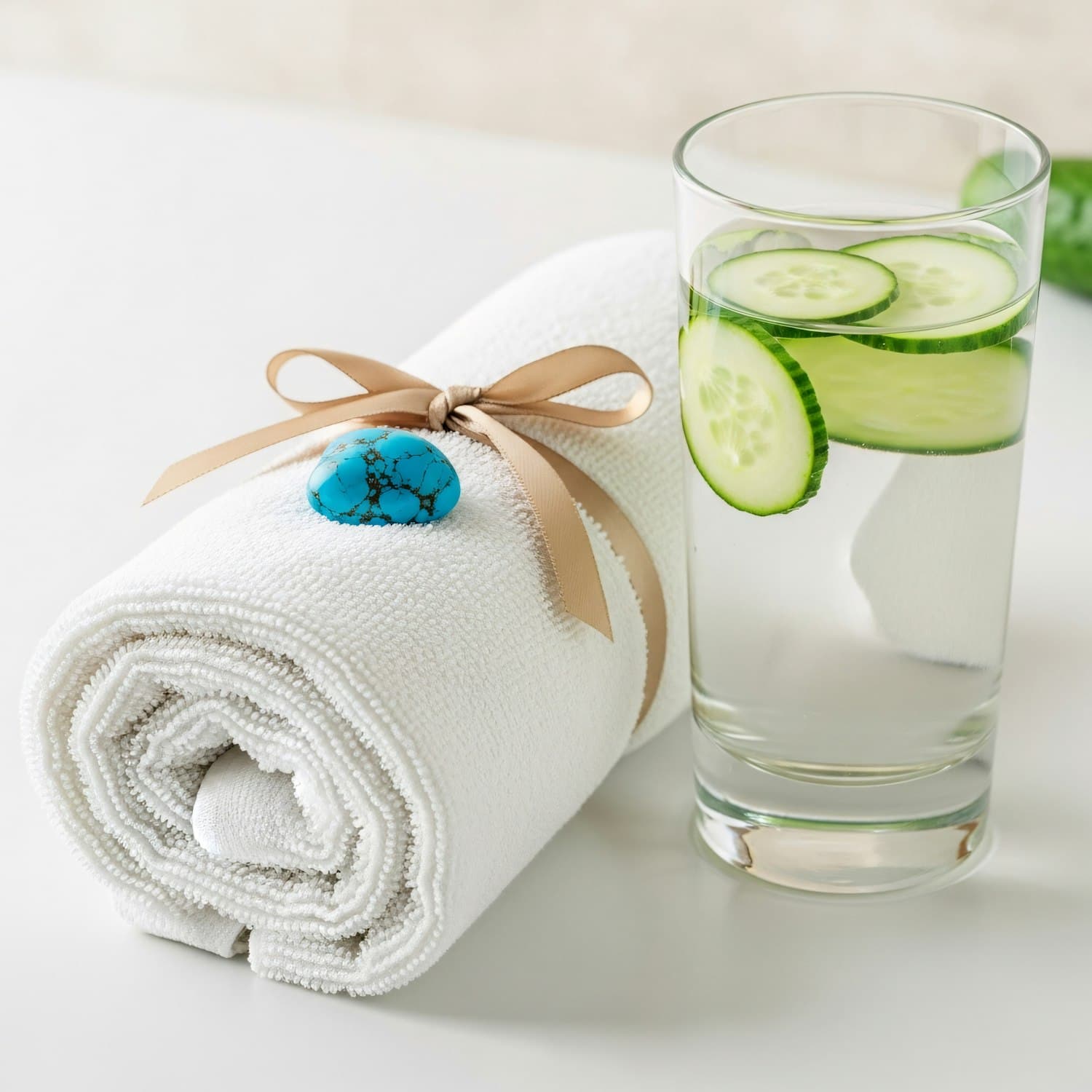 A rolled white spa towel tied with a ribbon beside a glass of cucumber water