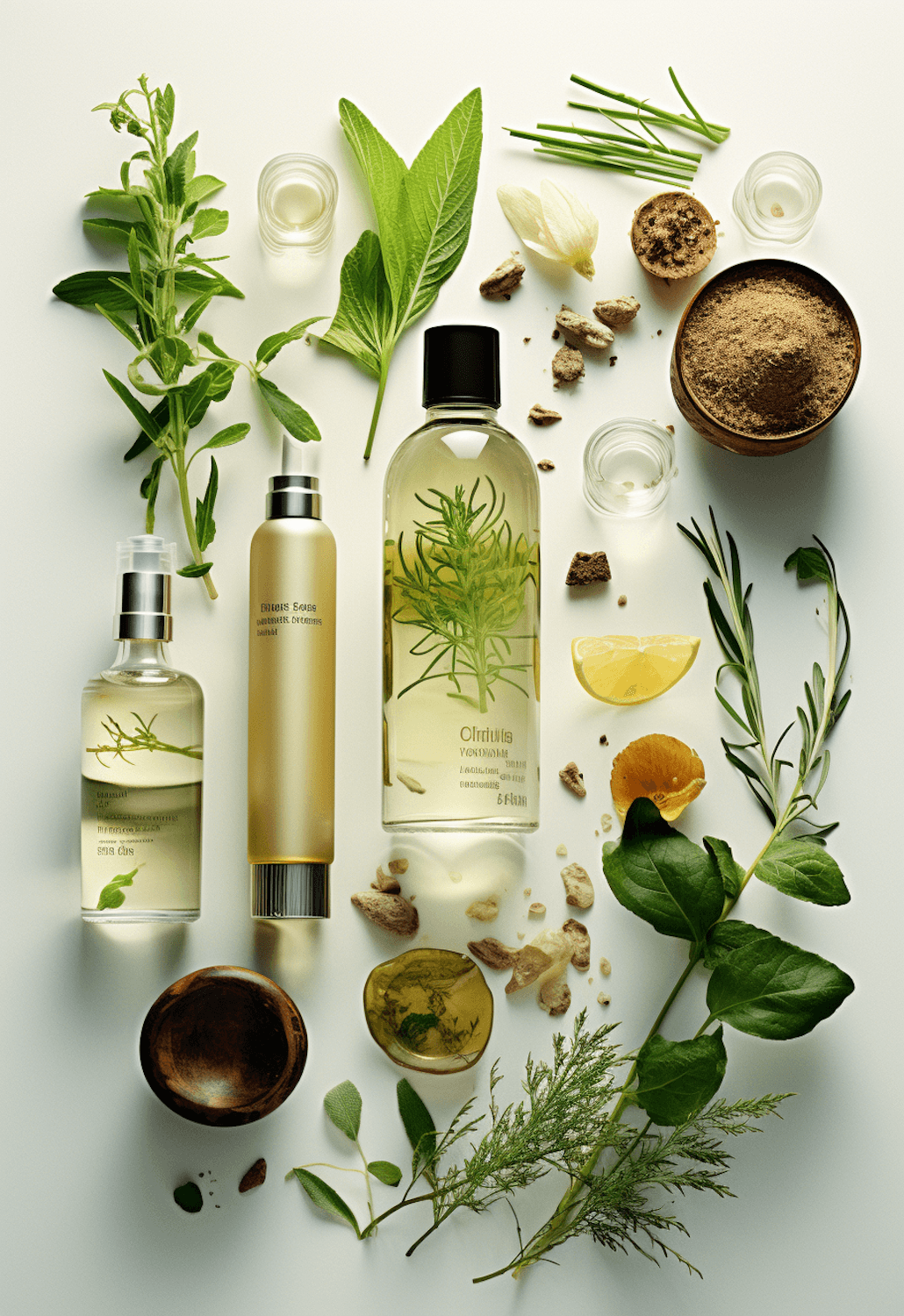 Natural skincare oils arranged with fresh green herbs and leaves