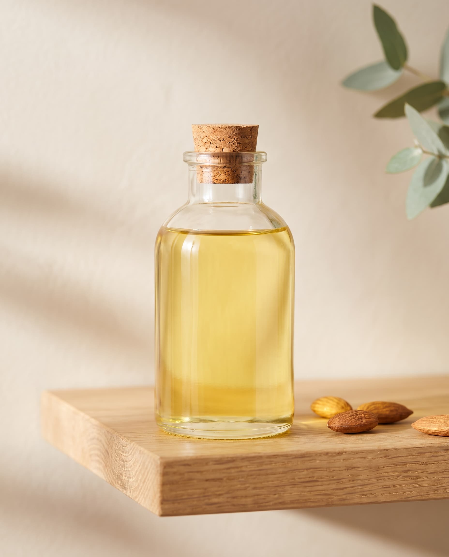 Almond oil in a clear glass bottle on a wooden shelf