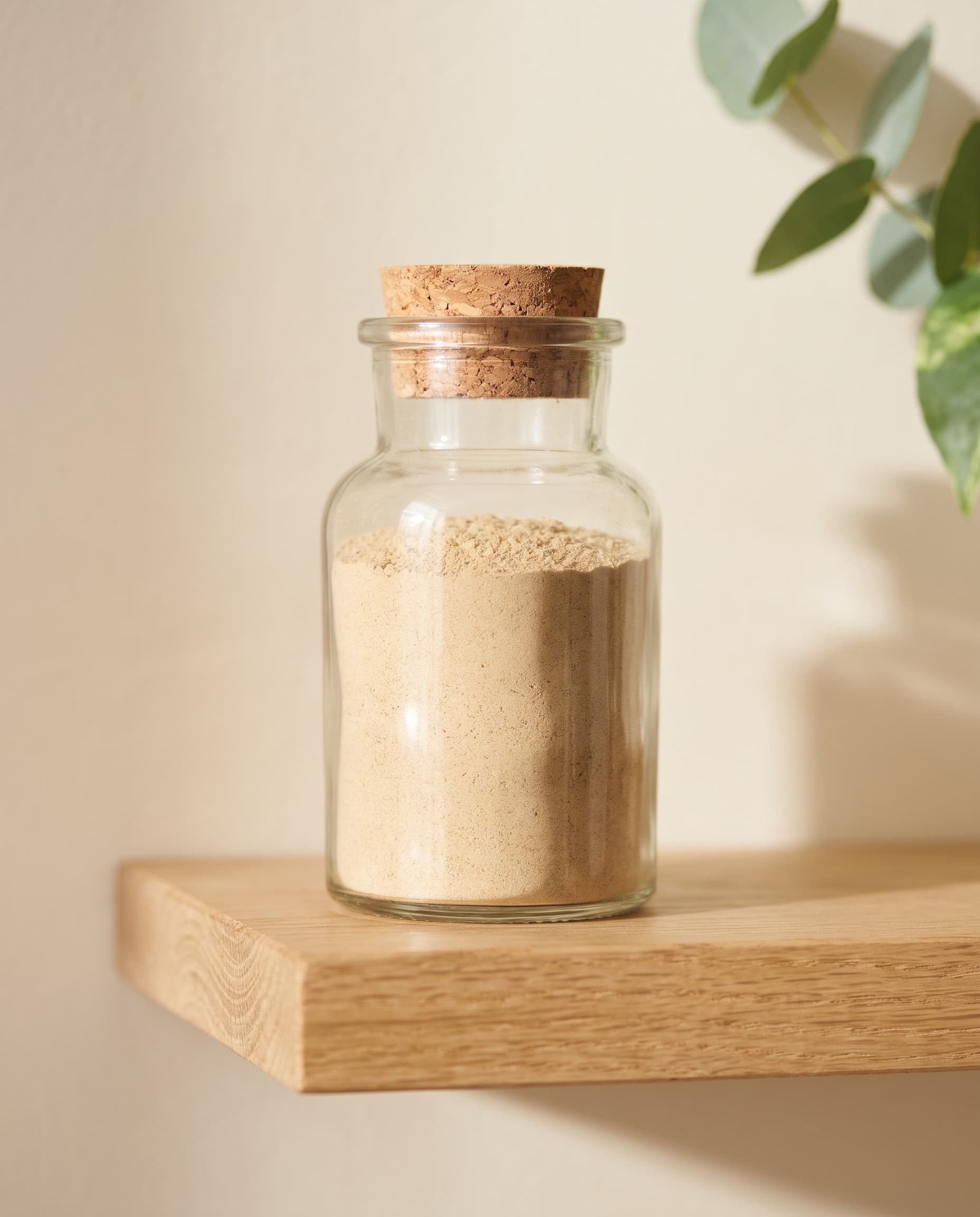 Ashwagandha powder in a clear glass jar on a wooden shelf