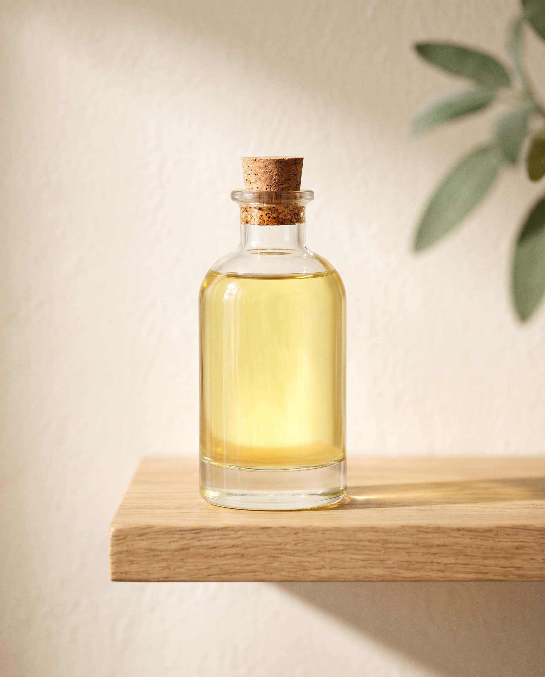 Castor oil in a clear glass bottle on a wooden shelf