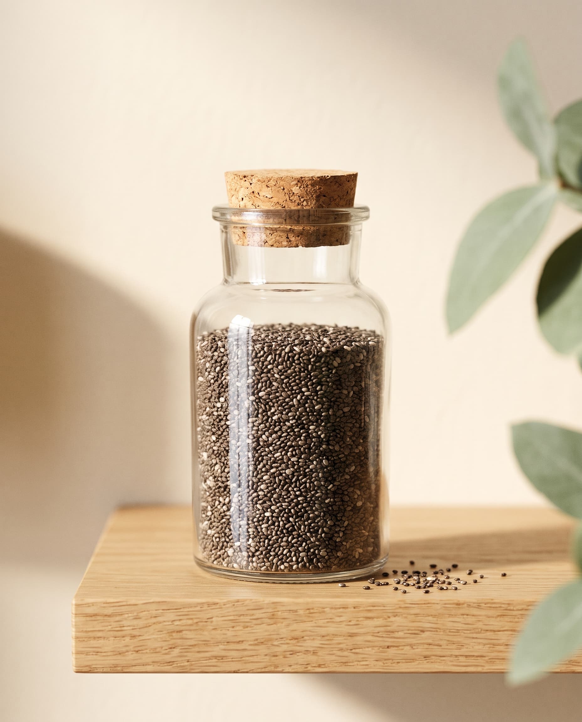 Chia seeds in a clear glass jar on a wooden shelf