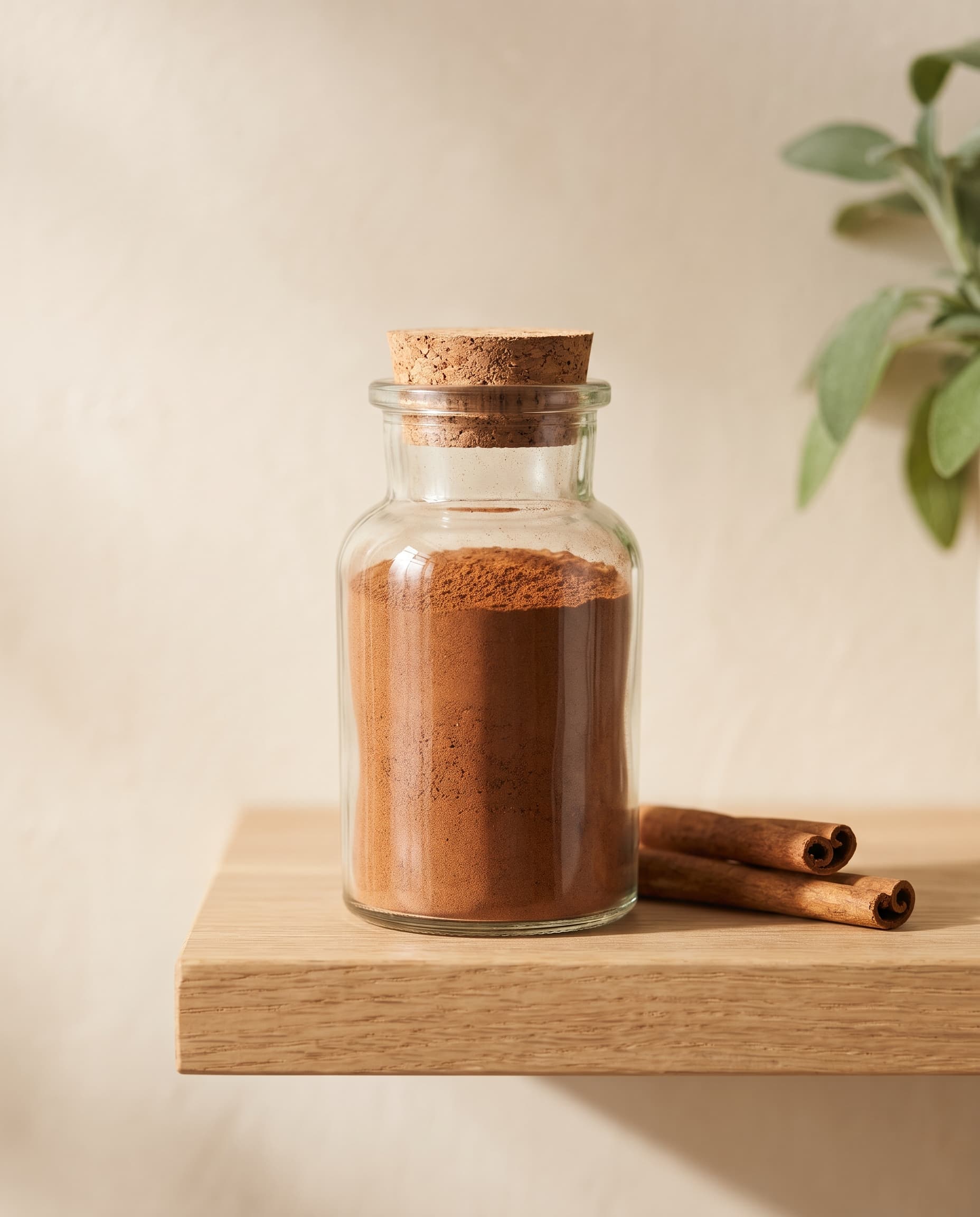 Ground cinnamon in a clear glass jar on a wooden shelf