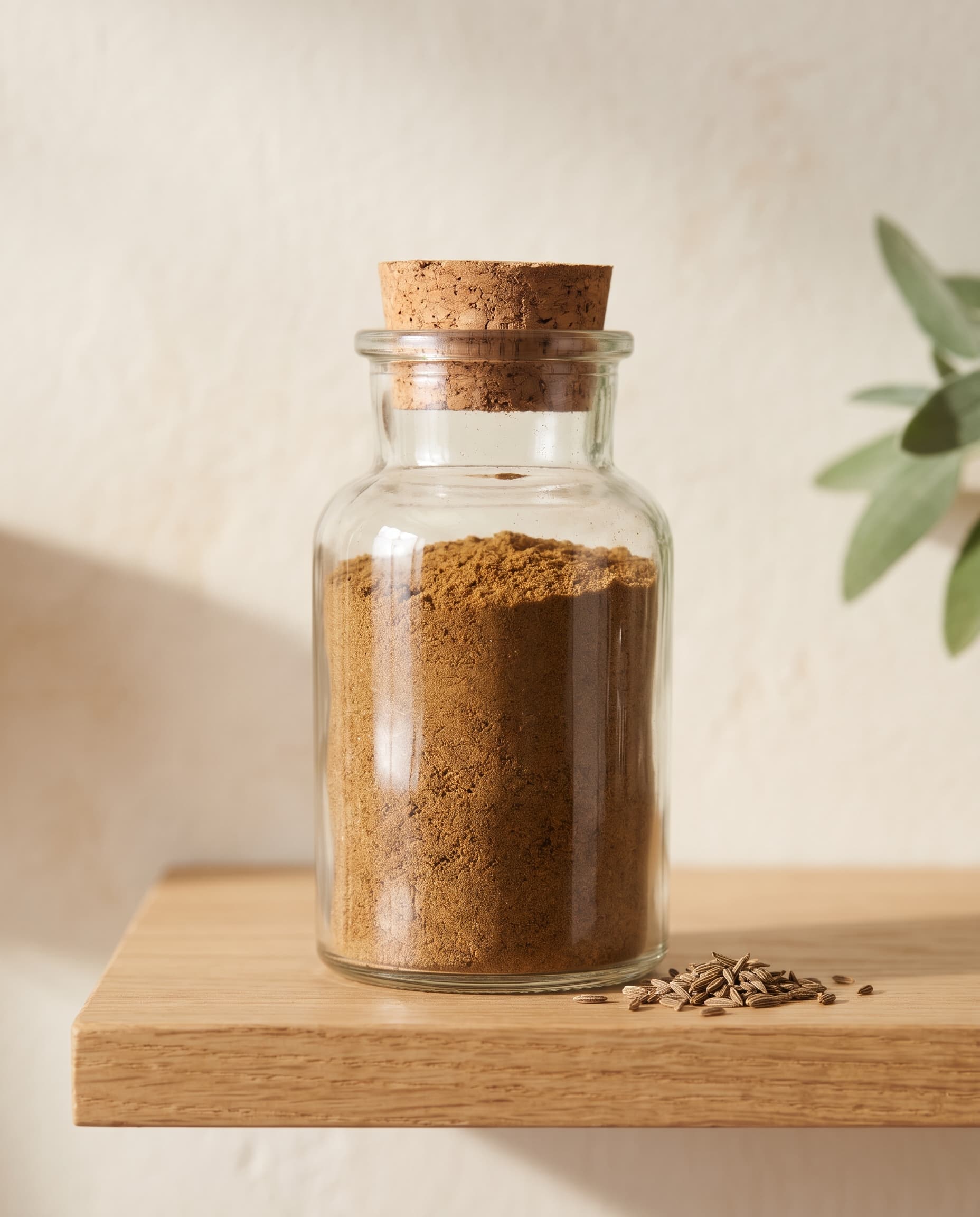 Ground cumin in a clear glass jar on a wooden shelf