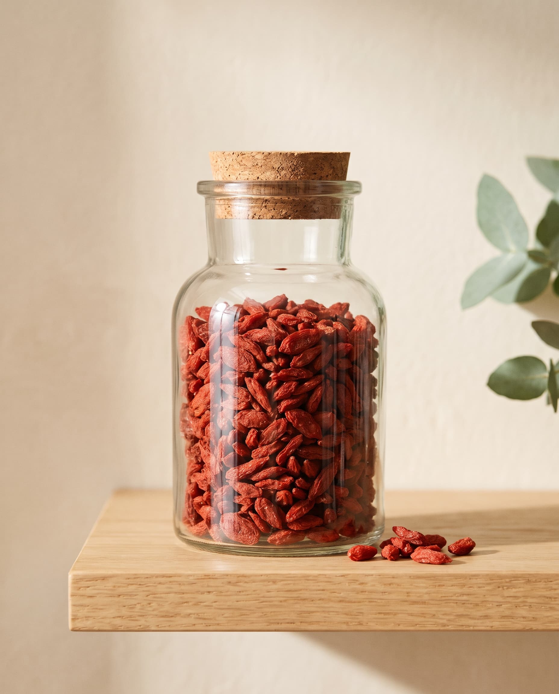 Dried goji berries in a clear glass jar on a wooden shelf