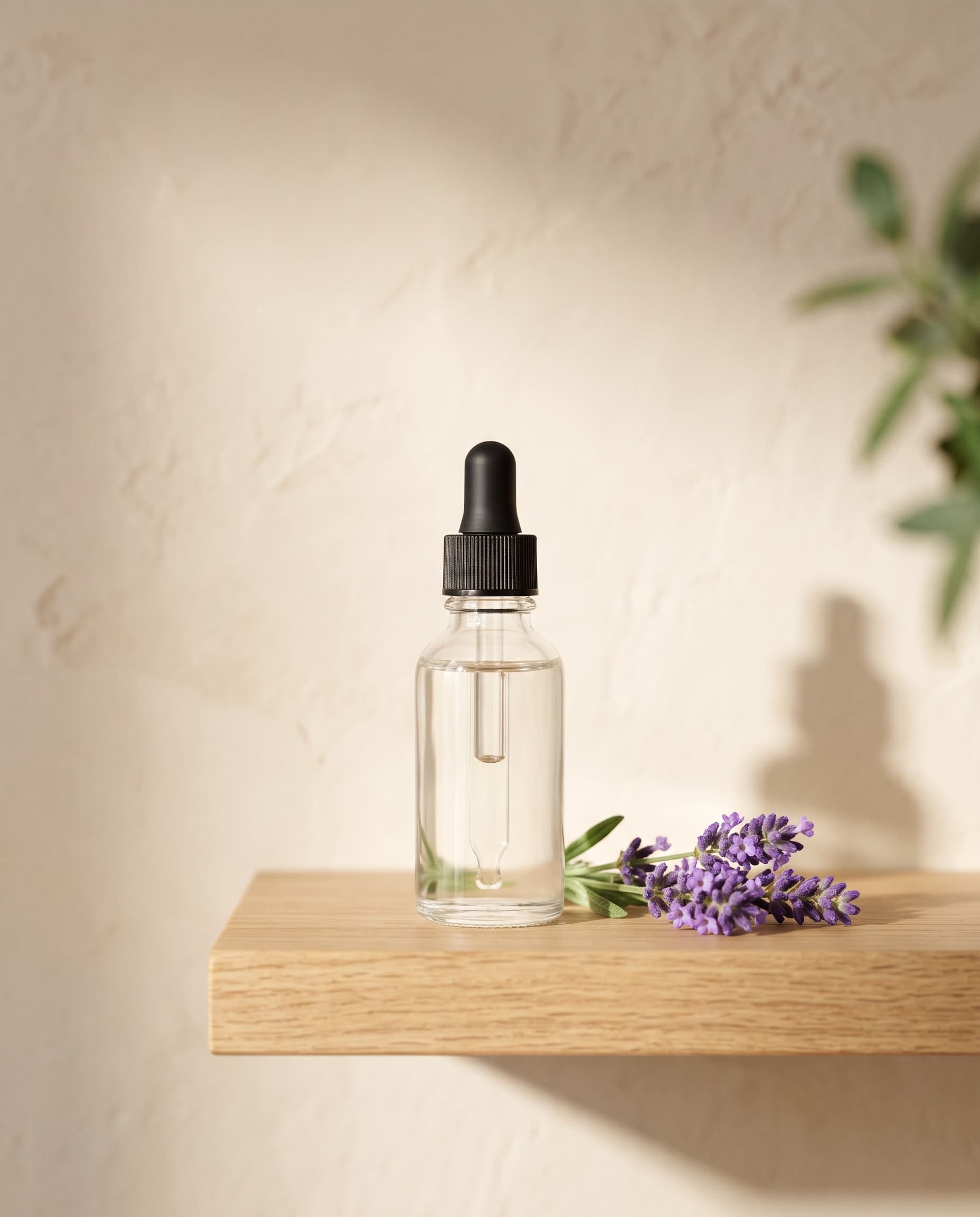 Lavender oil in a clear glass dropper bottle on a wooden shelf