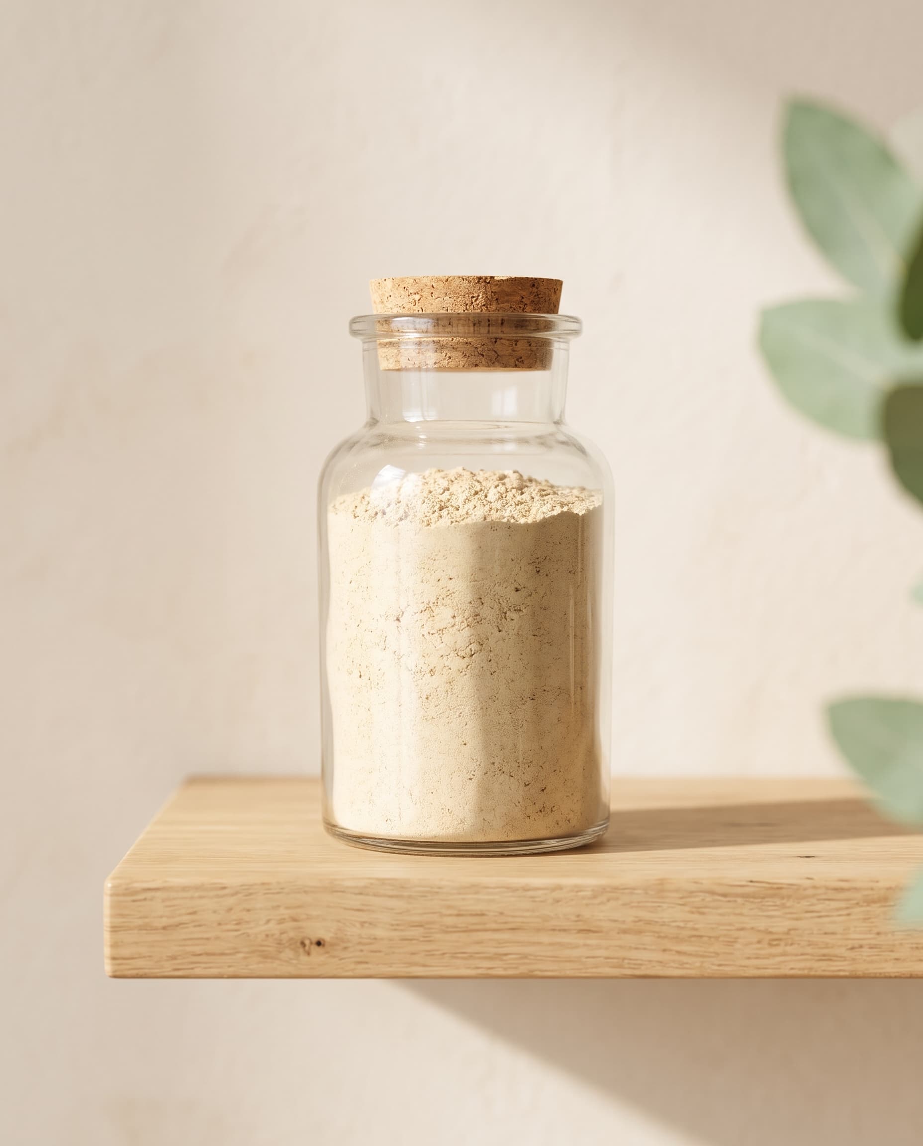 Maca powder in a clear glass jar on a wooden shelf
