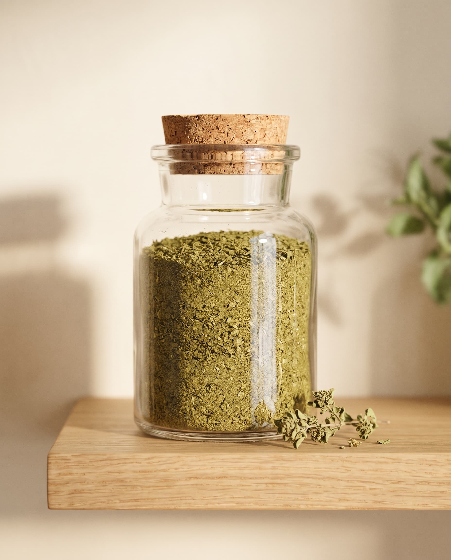 Oregano powder in a clear glass jar on a wooden shelf